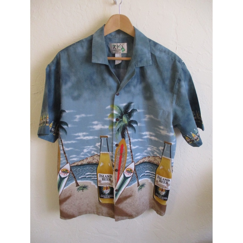KY's Island Beer Hawaiian Aloha Shirt Size Large Made in Hawaii